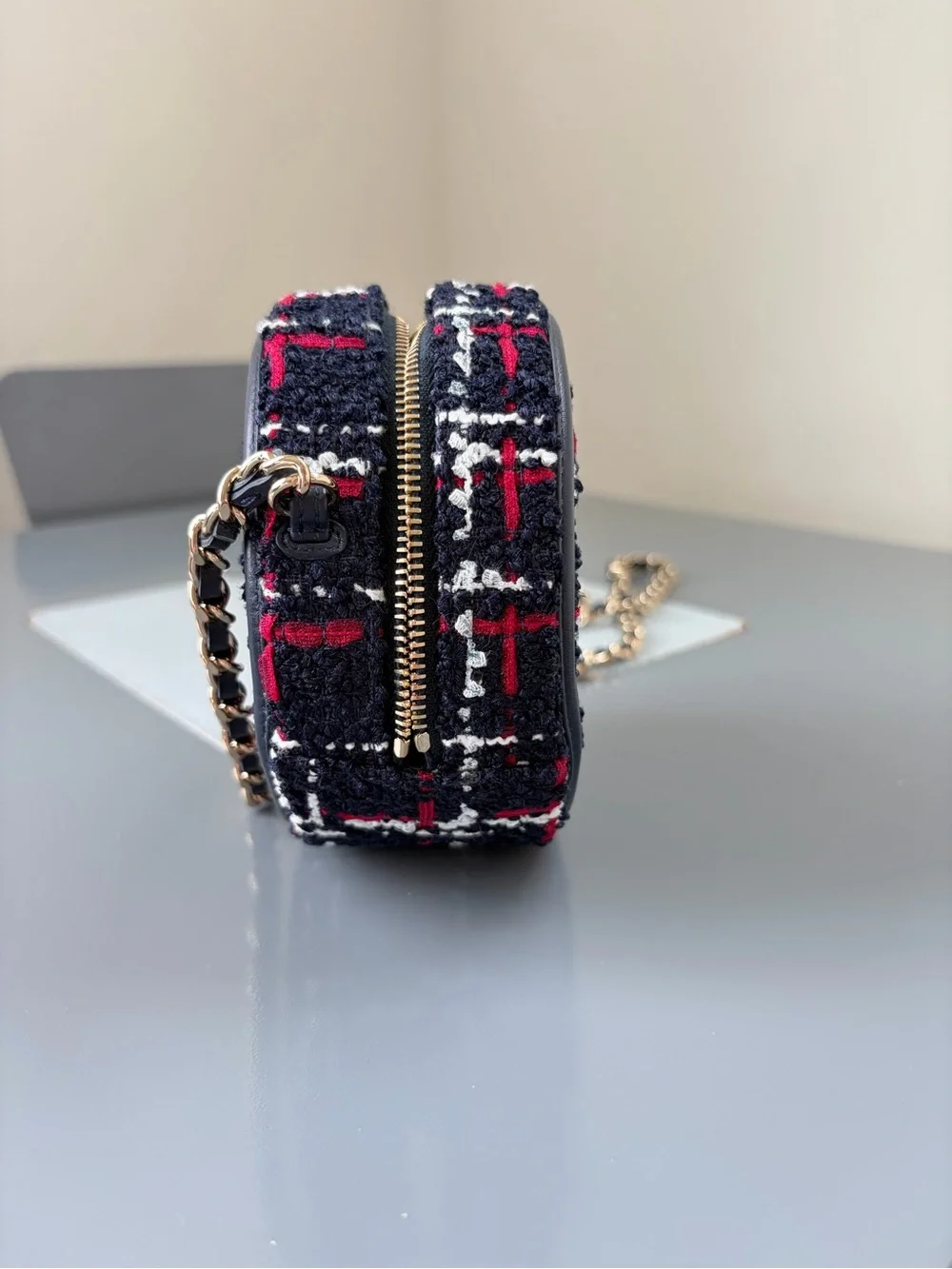 CHANEL Black Tweed Round Shoulder Bag with Red & White Accents